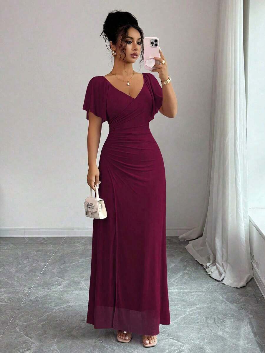 Elenzya Vestido morado claro con cuello en V, mangas con volantes, cintura plisada y abertura, vestido elegante de dama de honor, vestido de fiesta, primavera/verano - Burdeos - Ver 1
