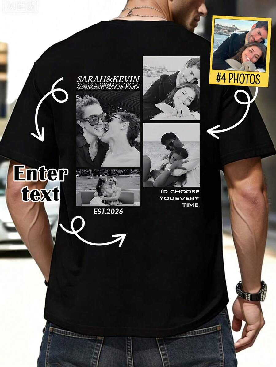 Customizable Plus-Size Loose-Fit Men's Short-Sleeve Printed T-Shirt - Design Your Personalized Tee With Your Own Text And Photos - Black - View 1