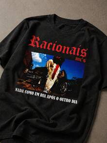 3 peças/Conjunto Camisetas Masculinas Tamanho Padrão com Estampa De Rap Grupo Racionais, Versáteis para o Verão - Preto - Visão 6
