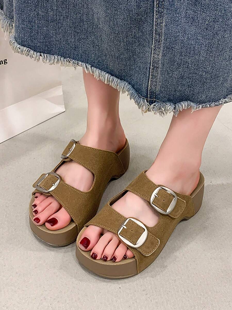 Sandalias de cuña con plataforma para mujer, sandalias abiertas con tiras, pantuflas de playa versátiles y de moda para el verano - Camel - Ver 1