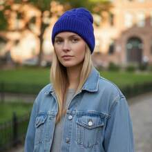 Short Checkered Wool Beanie Hat, Single Layer, Unlined - Royal Blue - View 1