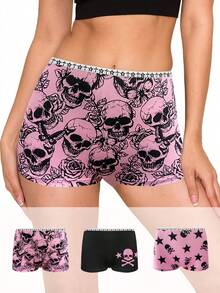 ROMWE 3pcs Gothic Skull & Star Print Pink Hipster Panties, Y2K Punk Style Underwear Set For Women - Multicolor - View 3
