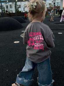 Baby Girls' Minimalist Floral & Letter Print Round Neck Short Sleeve Cute Top - Dark Grey - View 2