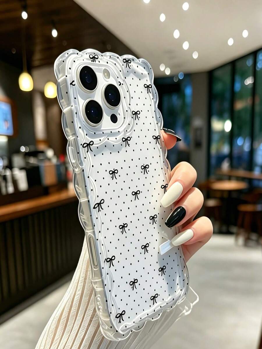 1个透明TPU手机壳，黑色波点蝴蝶结印花波浪边防震保护套，防刮擦带镜头保护，适用于 17/16/16 Pro/16 Plus/16 Pro Max/15/15 Pro/15 Pro Max/14/14 Pro/14 Pro Max/13/13 Pro/13 Pro Max/12/12 Pro/12 Pro Max/11/11 Pro/11 Pro Max/XR/XS/8 Plus/7 Plus，时尚俏皮可爱少女风手机壳 - 無色 - 查看 1