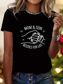 1pc Women'S Fashion Mother'S Day Gift Mother And Best Friends Forever Shirt, Mom Day Shirt, Happy Mother'S Day Shirt Short Sleeve - 黑色 - 查看 1