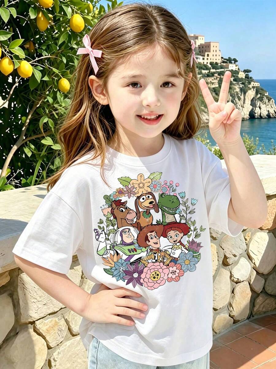 The Toy Story Friends' Cute, Fresh, And Fashionable Disney Girls' Round-Neck T-Shirt, Made Of 100% Pure Cotton, Is An Ideal Choice For Daily Wear, Holiday Leisure, Outdoor Exploration, School Life, And Shopping Trips. It Is Also A Must-Have Item For Summer And Makes An Excellent Disney Gift For Both Girls And Boys. - trắng - Xem 1