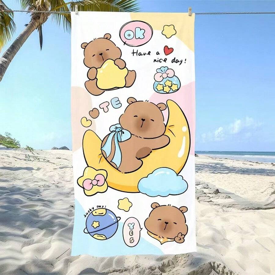 1pc Cute Hippopotamus Beach Towel - Quick Dry, High Absorbency, Soft & Comfortable, Large Size, With Adorable Sleeping Hippo & Crescent Moon Cloud Pattern, Soft & Healing, Suitable For Beach, Pool Party, Yoga And Travel - 4 - View 1