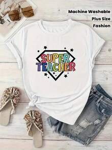 Women's Plus Size "Super Teacher" Graphic T-Shirt - Loose And Comfortable Fit, Vibrant Rainbow Colors With Stars And "Superhero 'S" Lettering, Relaxed Crew Neck, Short Sleeves, All-Season Top For Educators, Events And Casual Wear - Machine Washable, Relaxed H Silhouette, Fun Superhero Design With "SUPER TEACHER" Print, Breathable And Stylish For Women, Ideal For Wearing Under A Shirt. - White - View 1