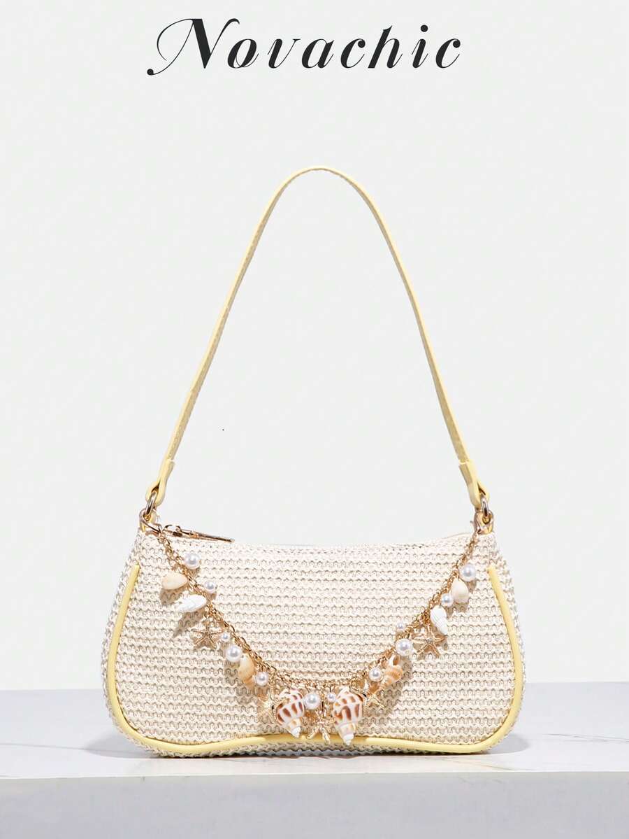 Novachic Soft Yellow Seashell & Starfish Decor Zipper Closure Shoulder Bag/Hobo Bag, Suitable For Daily Use And Vacation, Beach Style (Natural Seashell Accessories May Have Occasional Minor Damages During Transportation) - Beige - View 1