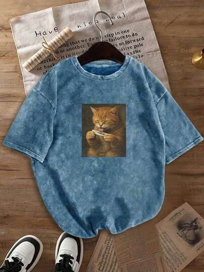 Áo thun nữ in họa tiết retro thập niên 90 - Áo thun tay ngắn cổ tròn, chất liệu denim mài, thích hợp mặc mùa hè.