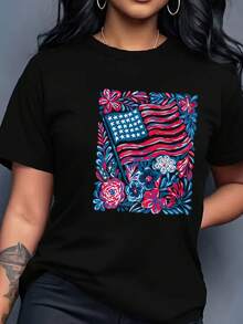 Women's Floral American Flag T-Shirt With Flag Print Short Sleeve Crew Neck Blouse Compatible For Brands Top - Casual Spring Summer Casual Attire Machine Washable Non- Tee American Style Blouse Style Outfits - 黑色 - 查看 1
