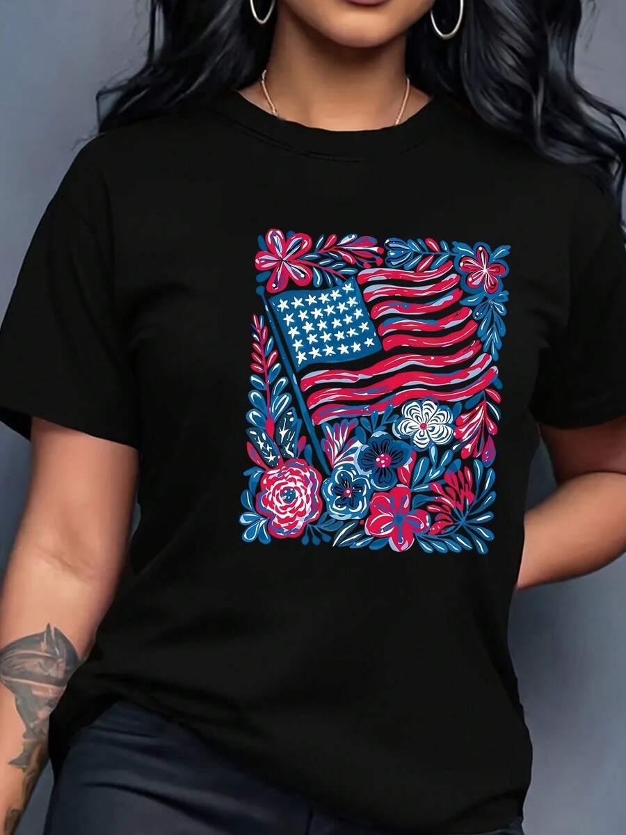 Women's Floral American Flag T-Shirt With Flag Print Short Sleeve Crew Neck Blouse Compatible For Brands Top - Casual Spring Summer Casual Attire Machine Washable Non- Tee American Style Blouse Style Outfits - 黑色 - 查看 1