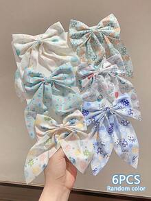 6pcs Random Multi-Color Fresh Spring Fabric Bow Hair Clips, Academic Style Princess Pastoral Versatile Cute Headwear - Multicolor - View 13