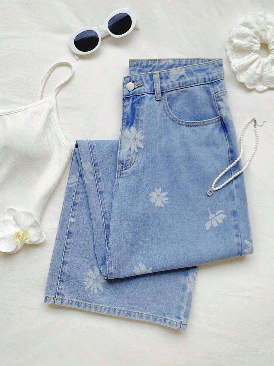 Pantalones vaqueros holgados para mujer color blanco con estampado de lunares negros, pantalones de mezclilla casuales de pierna ancha, pantalones con estampado de lunares, pantalones tiernos y versátiles, ideal para uso diario, salidas, primavera y verano - Lavado ligero - Ver 1