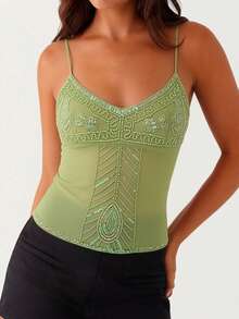 Women's Sheer Mesh Beaded Sequin Cami Top - V Neck Spaghetti Strap Slim Fitted Y2K Coquette Summer Nightclub Party Going Out Bustier Tank Top - 淺綠 - 查看 3