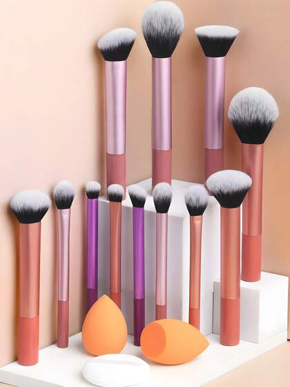 12pcs Multifunctional Makeup Brush Set, Including Powder Brush, Blush Brush, Foundation Brush, Eyeshadow Brush, Blending Brush, Contour Brush, As Well As Angled Makeup Sponge, Round Makeup Sponge And White Powder Puff
