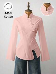 Blazer para mujer con diseño de inspiración oriental, corte ajustado, detalles de botones de nudo tradicionales y tejido suave, color negro y estilo chic retro, perfecto para looks semi-formales, eventos culturales, reuniones informales y combinaciones elegantes con ropa de calle - Rosa - Ver 12