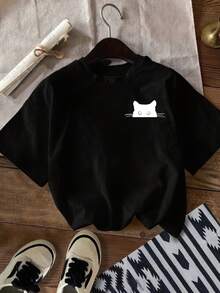 GiftGift [Cat Print T-Shirt] Casual Crew Neck T-Shirt With Cat Print | Women's Spring And Summer Clothing 100% Soft Cotton - 黑色 - 查看 6