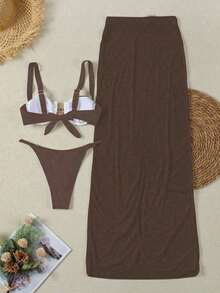 Nuevo conjunto de bikini con falda de cobertura para mujer, decoración de sol de metal, sexy, para verano y playa, color negro - Caqui - Ver 6