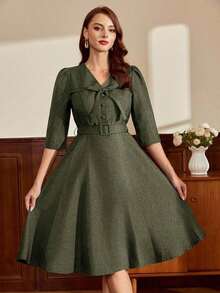 Vestido midi retro verde oliva, elegante y clásico con cintura definida y lazos - Verde militar - Ver 5