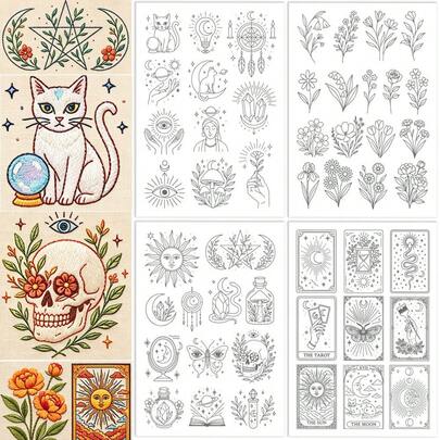 Water-Soluble Embroidery Stabilizer Suitable For Handcraft, Pre-Printed Mysterious Tarot Card And Floral Patterns, Clothing DIY Embroidery Paper