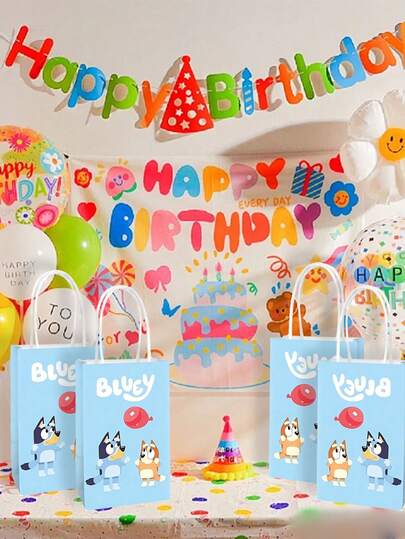  Bolsas de regalo con tema de Bluey - Bolsas de regalo con estampado de Bluey y Bingo con pegatinas aleatorias, bolsas de golosinas para fiestas de cumpleaños de niños, bolsas de dulces para fiestas con tema de Bluey, baby shower, fiestas infantiles, 4 diseños diferentes de bolsas de papel de la familia Heeler, perfectas para suministros de fiestas de cumpleaños infantiles, bolsas de regalo reutilizables para niños y niñas, suministros de fiesta de fans de Bluey