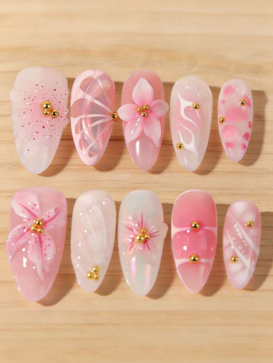 10 miếng dán móng tay họa tiết hoa 3D màu hồng ombre đính hạt vàng, phủ kín toàn bộ móng, phù hợp cho nữ và bé gái, size XS/S/M - Nhiều màu - Xem 1