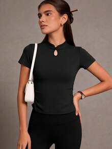 Soyun Nuevo conjunto de yoga para mujer con top con hebilla, nudo chino y arrugas, adecuado para montañismo, natación, fitness, running, bádminton, tenis y deportes al aire libre - Negro - Ver 5