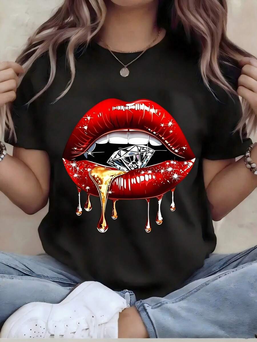 Plus Size, Plus-Size T-Shirt - Women's Fun Printed T-Shirt - Casual Short-Sleeved Round-Neck Loose-Fitting Top, Machine Washable For All-Season Comfort, Casual Wear; Loose-Fitting Style; Durable Print, Perfect For Holiday Gifts, Local Warehouse - 黑色 - 查看 1