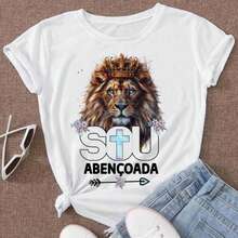 Unisex Short Sleeve Blouse, Plus Size, Neutral, 100% Cotton, Lion Print, Casual, Round Neck, Available In Brazil, 24h Shipping, Colors: Black And White - 江南2J - 查看 2