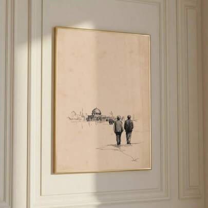 1pc Vintage Jerusalem Dome Of The Rock Sketch Canvas Wall Art, Two Figures Cityscape Drawing Print, Minimalist Neutral Aesthetic Home Decor, Nostalgic Black & White Wall Poster For Living Room Bedroom, Frameless Artwork Gift Idea