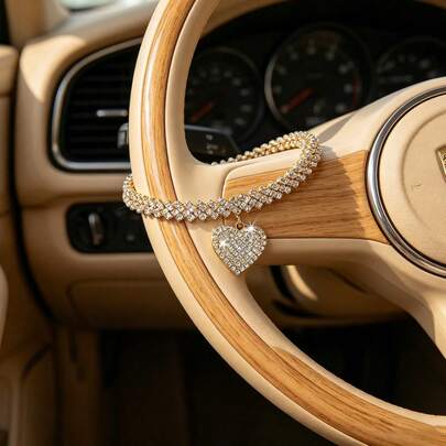 Fully Rhinestoned Heart Pendant Steering Wheel Decor Chain, Sparkling Crystal Car Interior Luxury Accessory, Fits Most Steering Wheel Decorative Strips