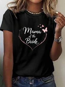 Mamá de la novia imprimir camiseta, manga corta cuello de tripulación top casual para verano y primavera, ropa de mujer - Negro - Ver 2