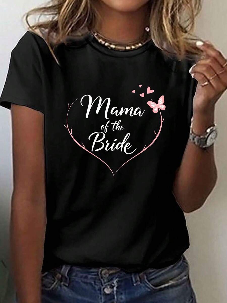 Mamá de la novia imprimir camiseta, manga corta cuello de tripulación top casual para verano y primavera, ropa de mujer