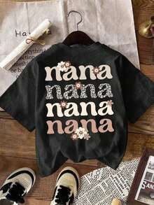 Camiseta de manga corta con cuello redondo y estampado de letras para mujer , adecuada para el verano, transpirable y cómoda. - Negro 2 - Ver 2