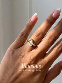 MADEONE 1枚优雅波浪双锆石水滴形925纯银女士订婚结婚戒指，精致新娘首饰，周年纪念生日礼物 - 金色 - 查看 2