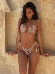 2pcs Leopard Print Bikini Set - Pink And Brown Triangle Swimwear With Jungle Floral Print Beach Wear For Women Vacation Summer - Multicolor - View 1