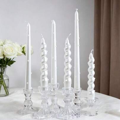 2pcs Pearl Decor Taper Candles, 30cm Spiral & Straight Candlesticks, Metallic White Wax, Perfect For Wedding, Party, Home Decor, Dinner Table