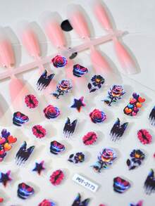 1片彩色爱心、玫瑰美甲贴纸、深色蝴蝶、星星美甲贴花，自粘式一次性浮雕美甲装饰，INS风，适合节日和派对，图案生动，易于粘贴且经久耐用 - 彩色 - 查看 3
