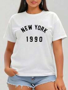 SimpieAndVersatileDesignCamiseta con estampado de letraCottonT-Shirt - Blanco - Ver 5