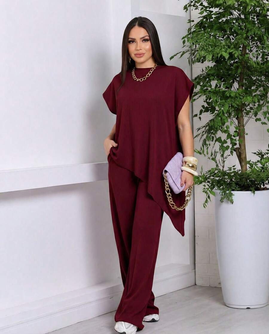 Women's Set: Blouse + Asymmetrical Wide-Leg Pants In Seersucker - 2026 , Elegant, Comfortable, Airport Look, São João, Festa Junina - 酒紅色 - 查看 1