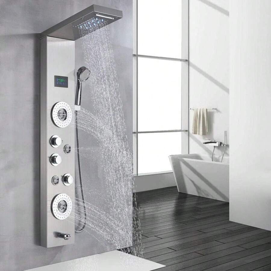 McMXtap LED Shower Panel Tower Rain System 5-In-1 Shower Head System Shower Tower Column Hand Shower Massage Shower Panel System Stainless Steel - Brushed Nickel - View 1