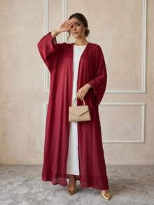 Hafizah Middle Eastern Modest Abaya Robe, Dubai Outerwear Cardigan, Shiny Fabric Ins - Red - View 3