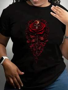 Women'S Short-Sleeve T-Shirt Featuring a Skull And Rose Design, in a Dark Style. Casual Black Crew Neck Tee Made from Stretchy, Machine Washable, Suitable for Spring, Summer, And Autumn Leisure - Negro - Ver 2