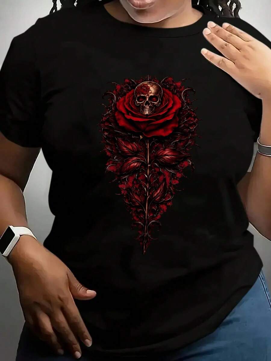 Women'S Short-Sleeve T-Shirt Featuring a Skull And Rose Design, in a Dark Style. Casual Black Crew Neck Tee Made from Stretchy, Machine Washable, Suitable for Spring, Summer, And Autumn Leisure