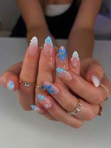 24 Stück mandelförmige 3D Gel Nagel Aufkleber, Blumenmuster mit Perlen & Metallperlen Dekor, blaue French Tip, perfekt für Acryl Nagel Set, enthält 1 Stück Gelee Gel und 1 Stück Nagelfeile, geeignet für Frauen und Mädchen zum Selbermachen für Alltag, Arbeit, Studium und Party Maniküre Zubehör - Verschiedenfarbig - Übersicht 7