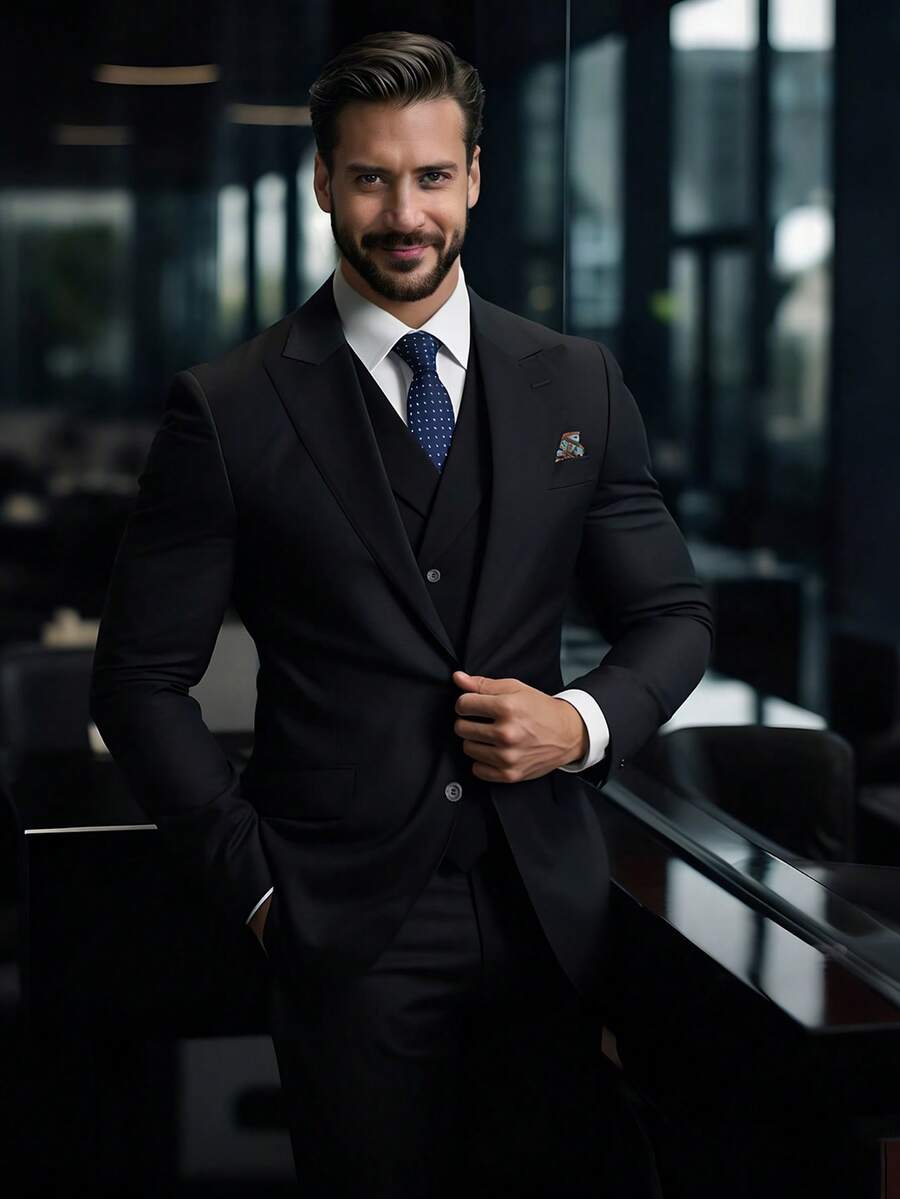 2026 Trending Men's 3-Piece Suit Set - Peak Lapel Blazer, Vest & Dress Pants | Classic Solid Formal Wear For Wedding Guest, Business & Prom (Easy-Care Poly-Viscose Blend) - 黑色 - 查看 1