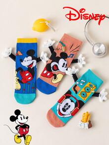 Disney 1/3双装迪士尼3D牵手图案儿童长筒袜，时尚儿童高筒袜，优质礼品袜，迪士尼返校季小粉丝必备，透气吸汗，休闲百搭，卡通图案，适合送礼和日常穿着 - 彩色 - 查看 3