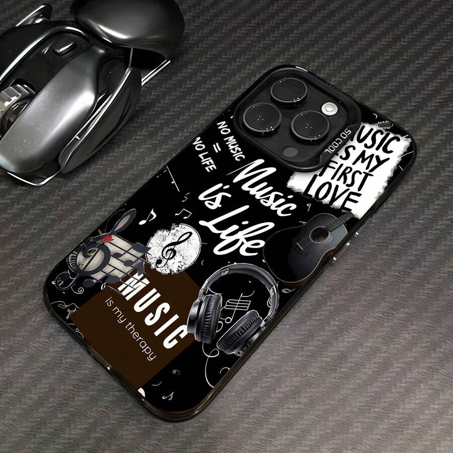 Auriculares con temática musical en blanco y negro y guitarra. Esta funda es compatible con Samsung, Apple, VIVO, OPPO, , Transsion, ,  y Honor. Fabricada en silicona TPU, ofrece protección contra golpes y caídas. - Negro - Ver 1