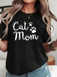 Women's T-Shirt With Cat Mother Paw Print, Pet And Family Daily Gathering, Cute And Warm Short Sleeve Style, Everyday Street Vibe Tee - 黑色 - 查看 1